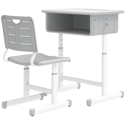 Qaba Kids Desk and Chair Set, Height Adjustable Children Study Desk and Chair with Drawer, Study Table for Bedroom, Grey