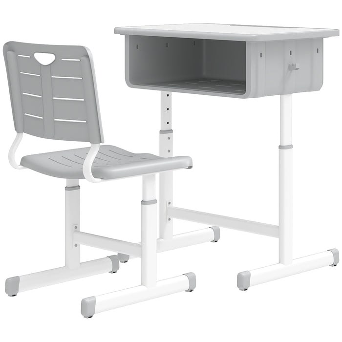 Qaba Kids Desk and Chair Set, Height Adjustable Children Study Desk and Chair with Drawer, Study Table for Bedroom, Grey