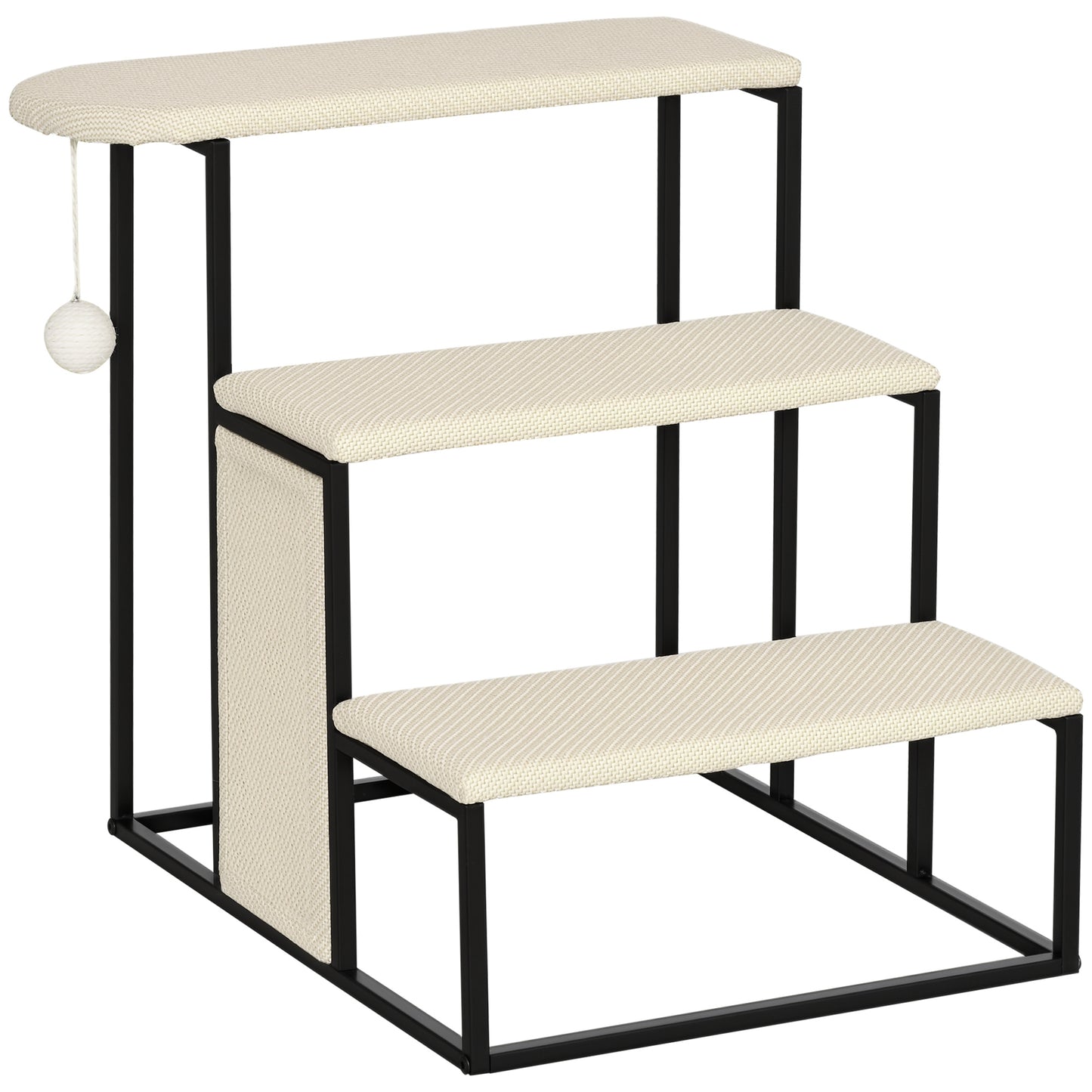 20" 3 Steps Cat Stairs, Carpeted Ladder Ramp, Pet Steps with Scratching Board and Hanging Ball for Small Cats, Steel Frame, Cream White