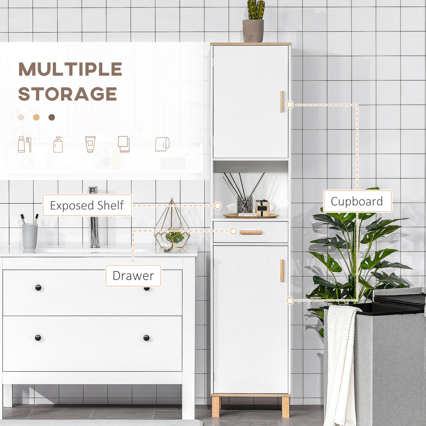Bathroom Storage Cabinet with Cupboards and Drawer, Floor Free Standing Linen Tower, Tall Slim Side Organizer Shelves, White
