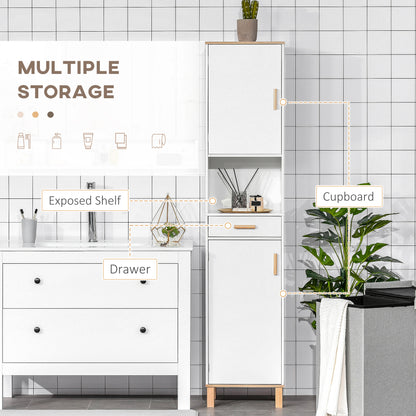 Bathroom Storage Cabinet with Cupboards and Drawer, Floor Free Standing Linen Tower, Tall Slim Side Organizer Shelves, White