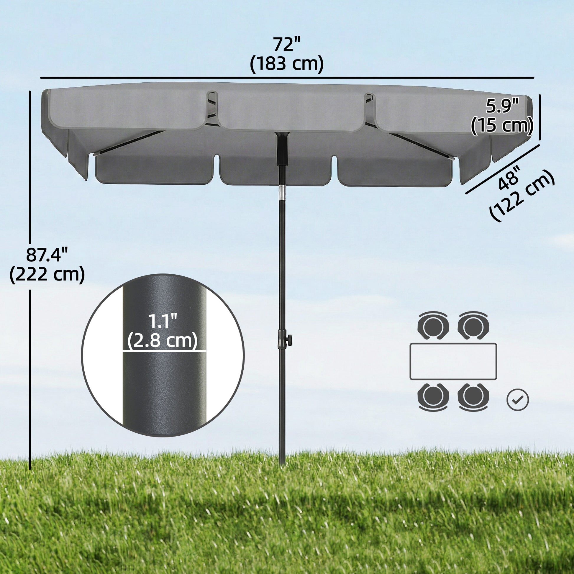 6' x 4' Patio Umbrella with Tilt, Rectangular Outdoor Umbrella for Garden, Grey