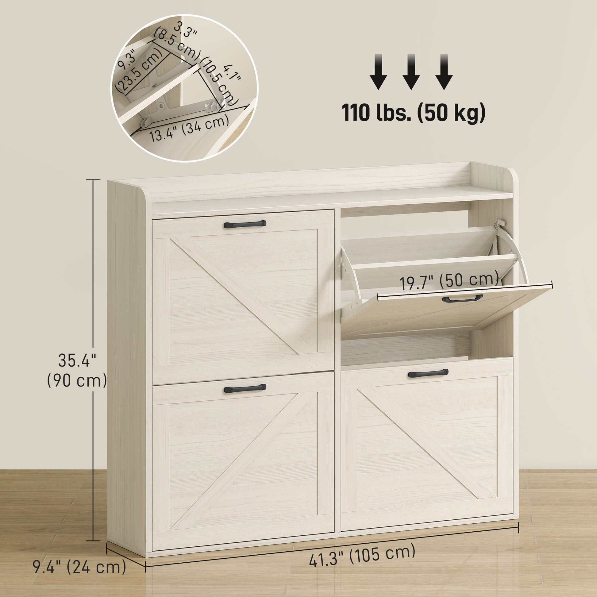 Narrow Shoe Storage Cabinet with 4 Flip Drawers, Adjustable Shelves, 16 Pair Farmhouse Shoe Cabinet, White Oak