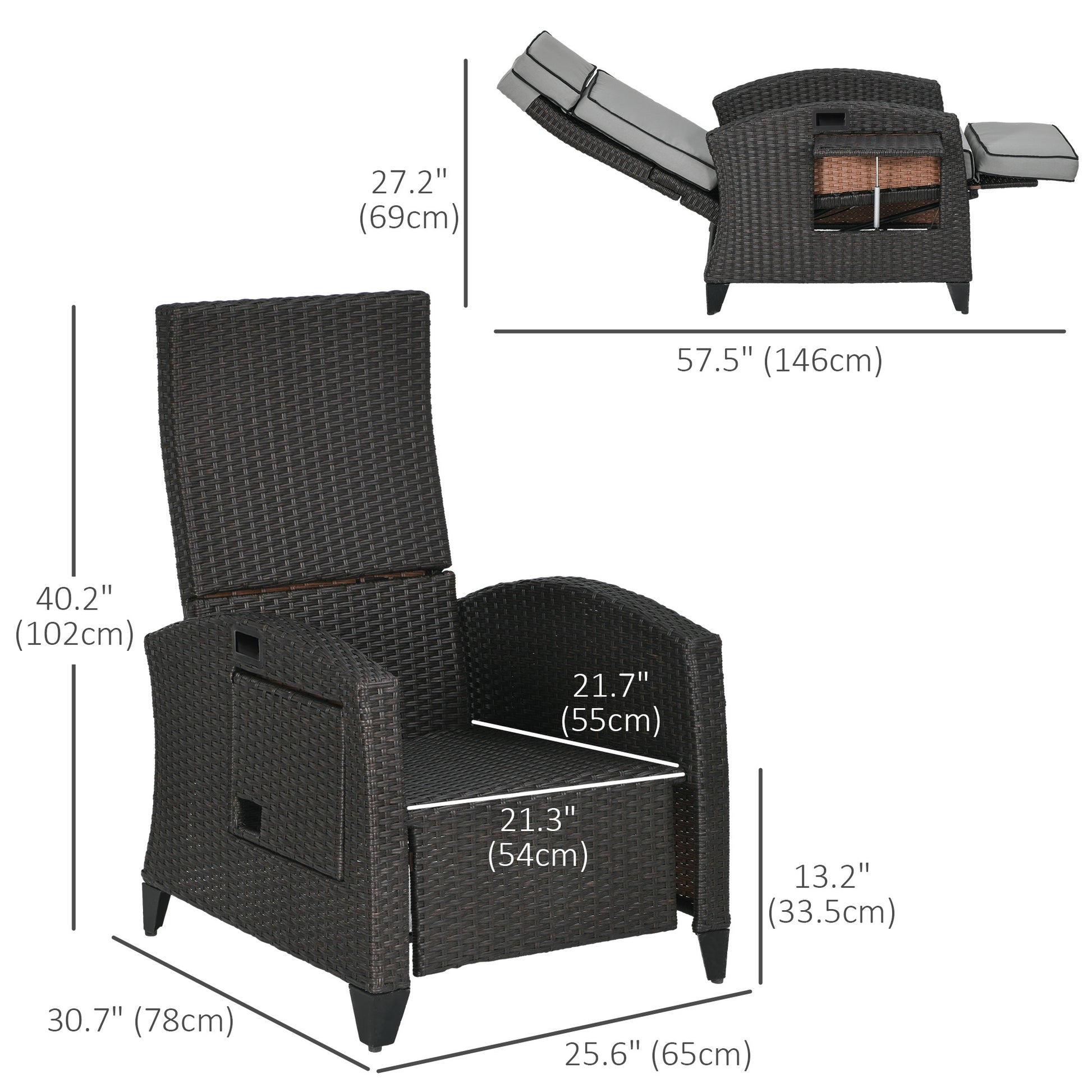 Wicker Recliner Chair with Adjustable Backrest and Footrest, Washable Cushion, Side Tray, Light Grey