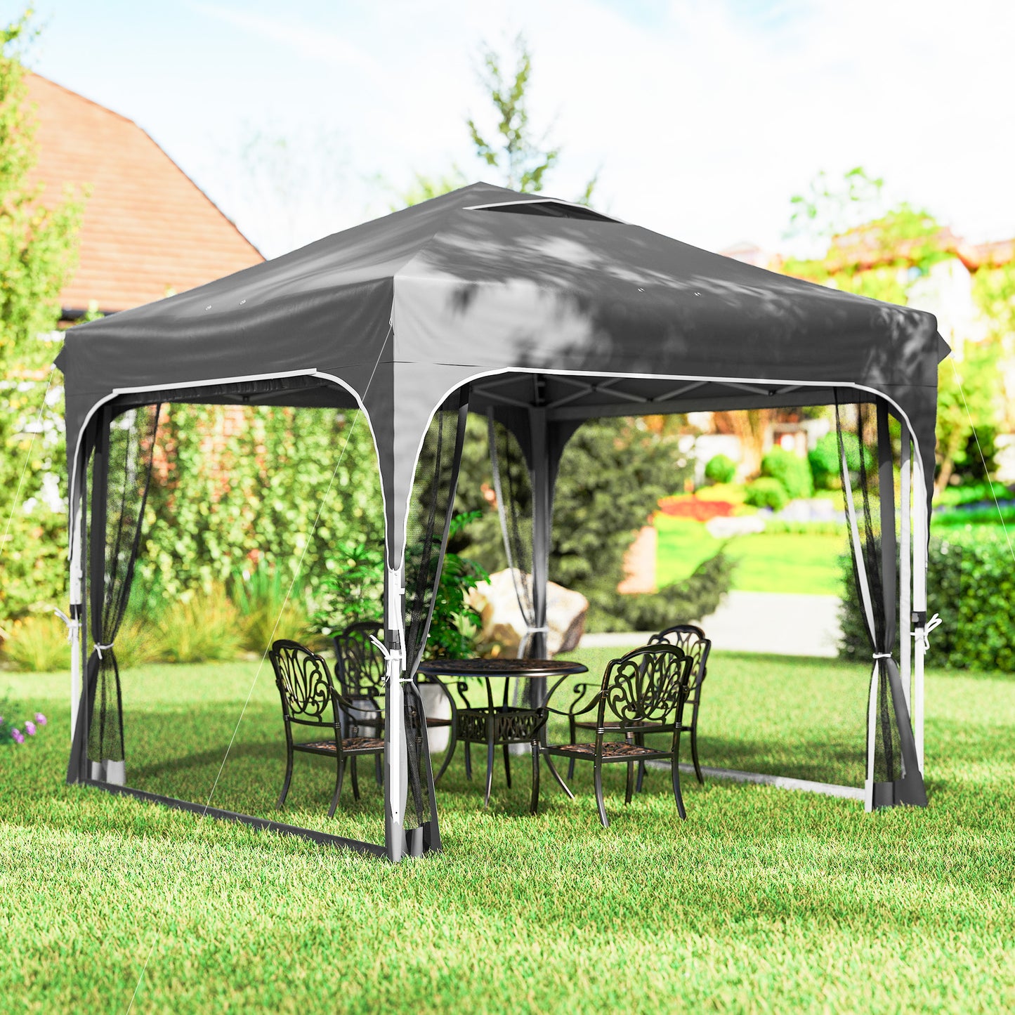 10 x 10 ft Pop Up Canopy Tent with Mosquito Netting, UPF 50+ Central Lock Easy Setup Outdoor Party Tent, Dark Grey