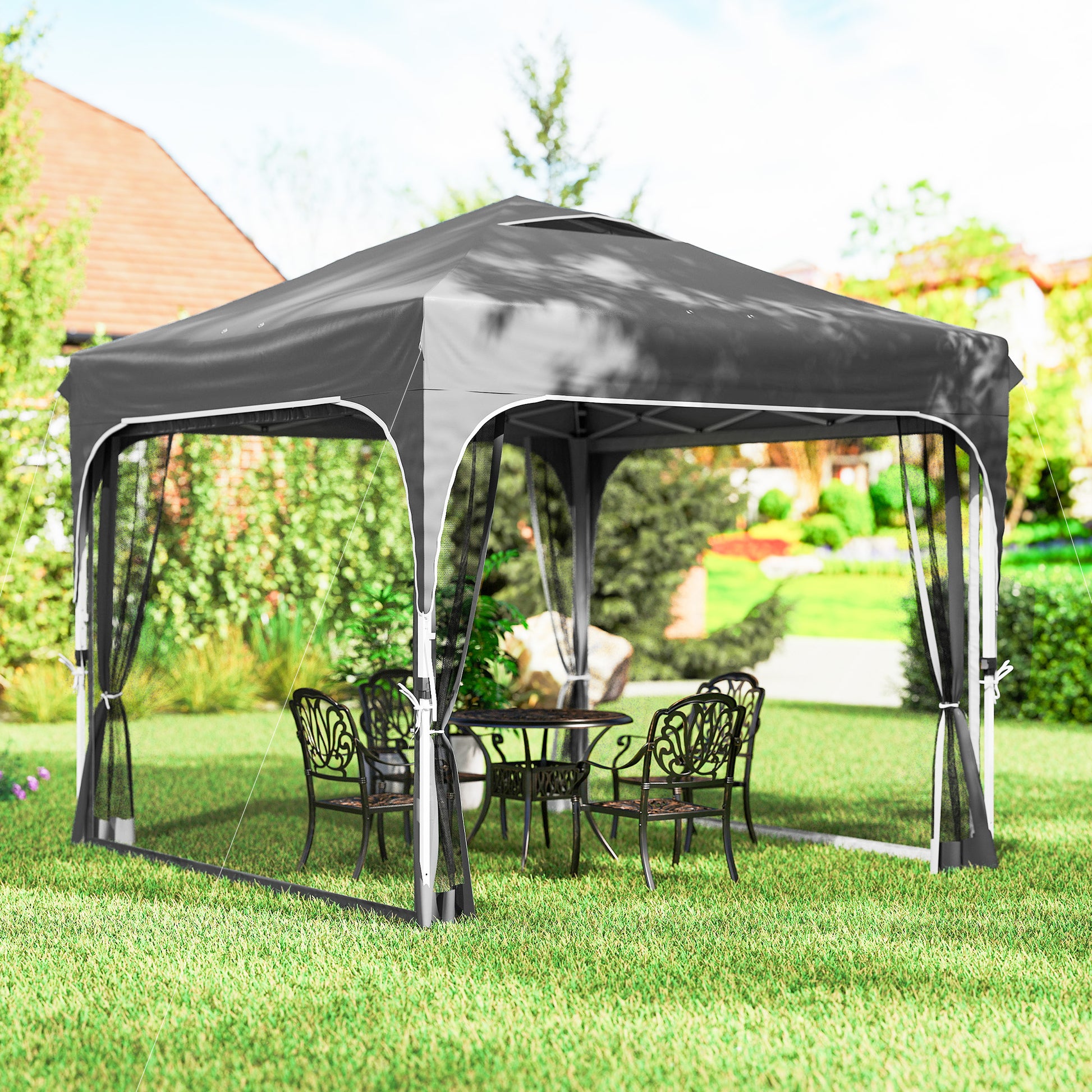10 x 10 ft Pop Up Canopy Tent with Mosquito Netting, UPF 50+ Central Lock Easy Setup Outdoor Party Tent, Dark Grey