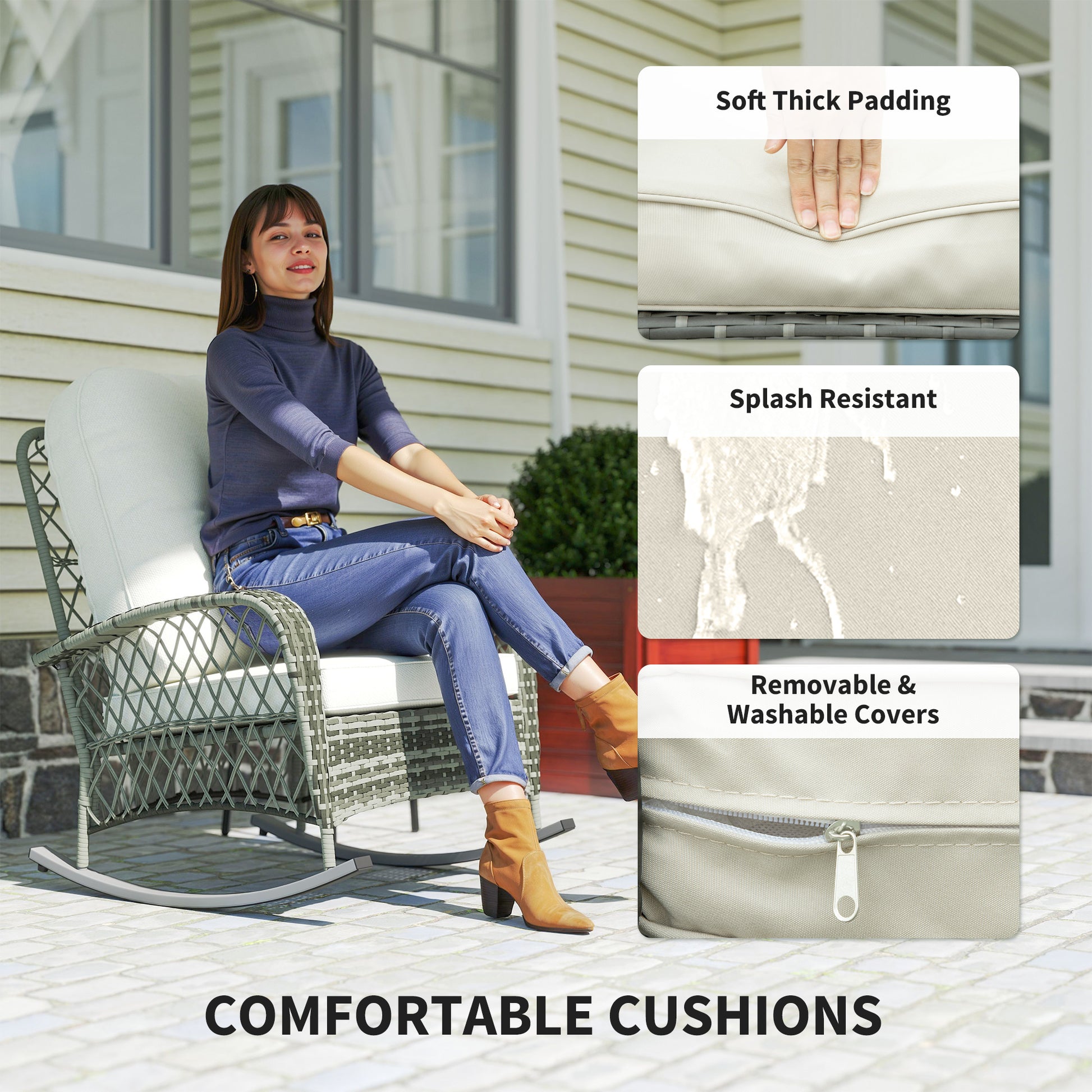 Rattan Rocking Chair, Outdoor Wicker Patio Rocker Chair Furniture with Thick Cushions, for Garden Backyard Porch, Khaki