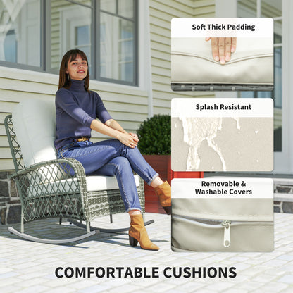 Rattan Rocking Chair, Outdoor Wicker Patio Rocker Chair Furniture with Thick Cushions, for Garden Backyard Porch, Khaki