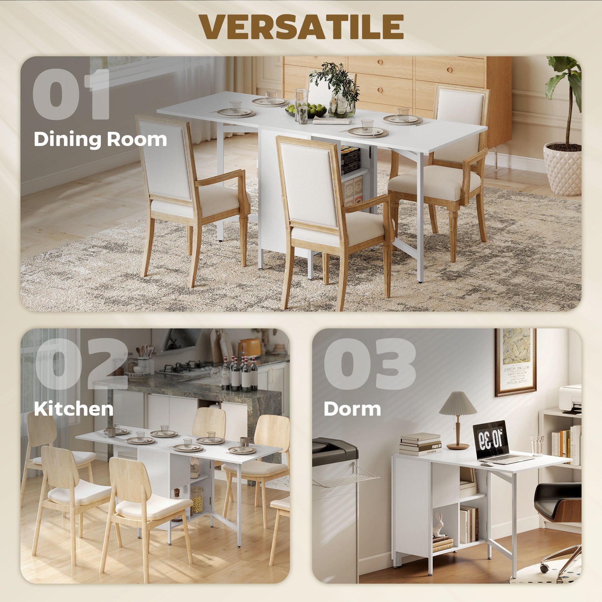 Multi-use Foldable Table with Hideaway Shelves, Drop Leaf Table for Kitchen, Dining, Study and Office, White