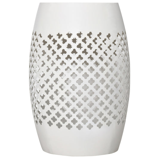 12" Steel Patio End Table, Round Hollow Drum Side Table, Accent Table for Indoor and Outdoor, White