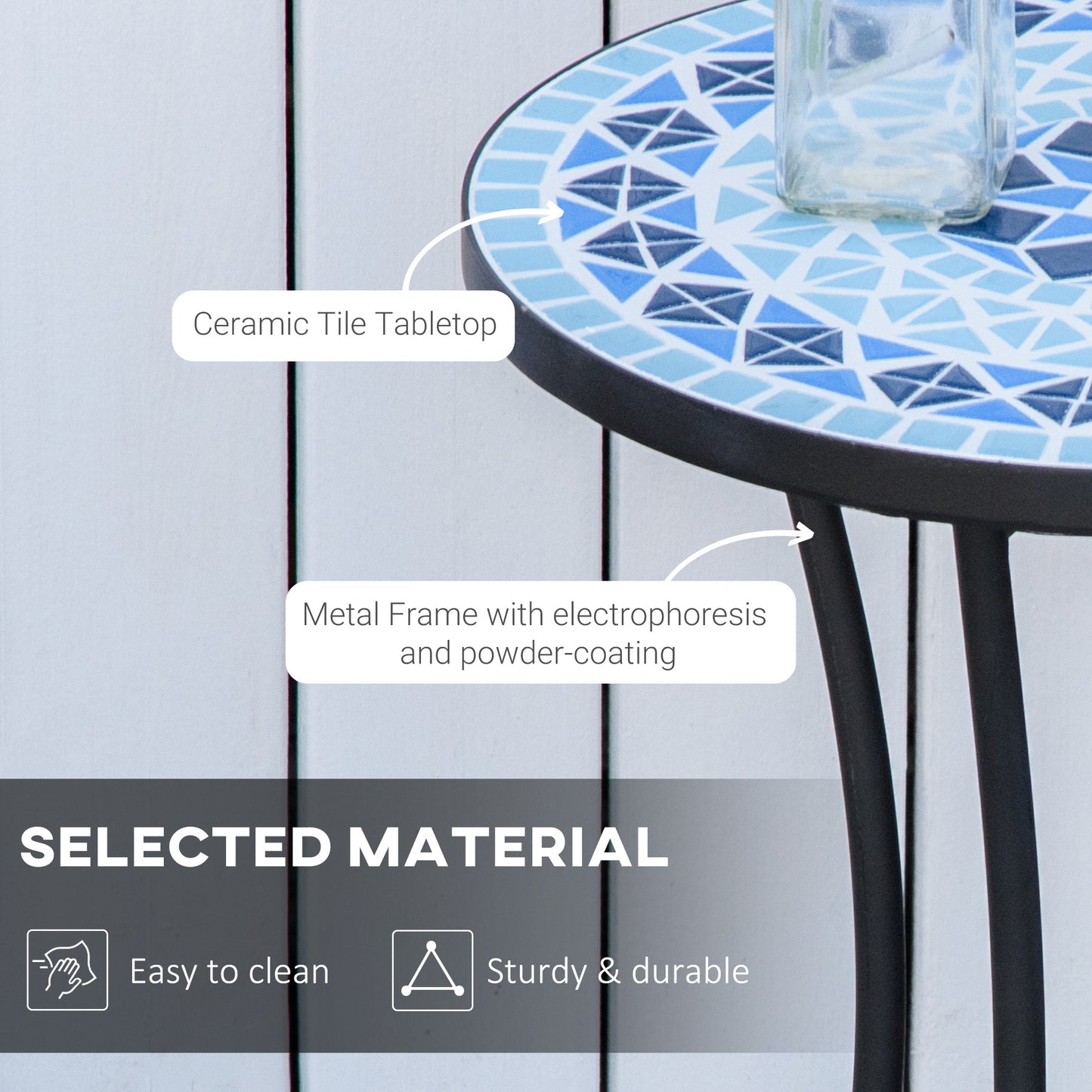 Mosaic Patio Table, Round Coffee Table with Metal Frame, Garden Furniture for Outdoor, Poolside, Blue