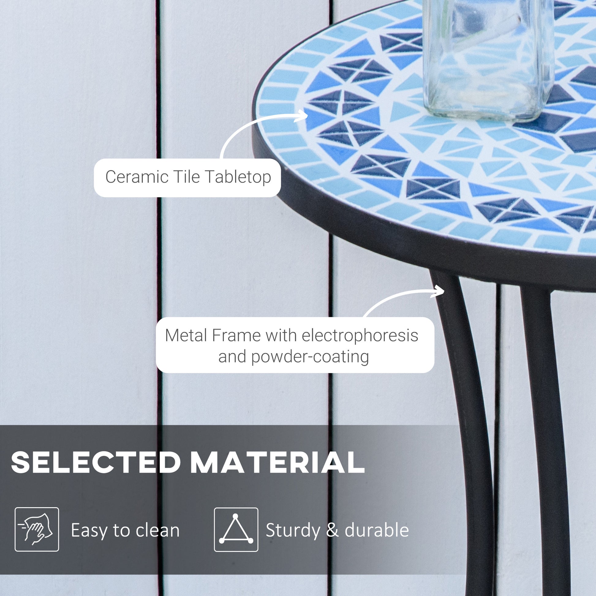 Mosaic Patio Table, Round Coffee Table with Metal Frame, Garden Furniture for Outdoor, Poolside, Blue