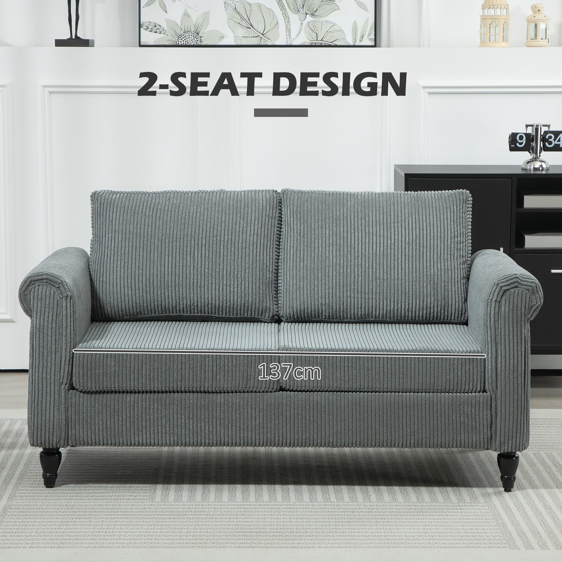 Vintage Loveseat, Upholstered Love Seat Furniture, Fabric 2 Seater Sofa with Rolled Arms, Rubber Wood Legs, Grey