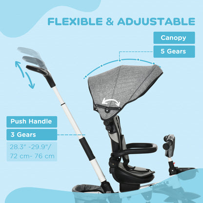 Aosom Tricycle for Toddler 6-in-1 Kids Trike, Foldable Converts Stroller to Baby Push Bike, Adjustable Backrest with Detachable Guardrail & Handle, Brake for 1-4 Years Old, Grey