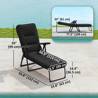 Folding Outdoor Lounge Chair with Cushion, Adjustable Backrest, Reclining Patio Garden Chair with Footrest, Black