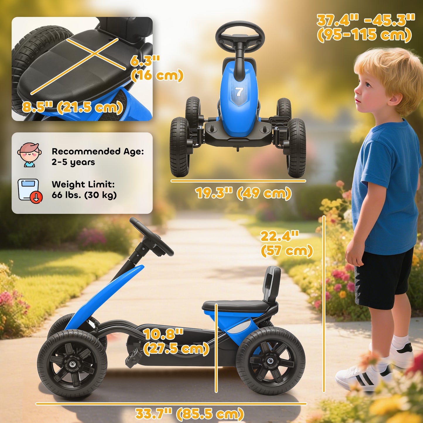 Qaba Pedal Go Kart for Kids 2-5 Years Old with Silent EVA Wheels, Metal Frame, Blue