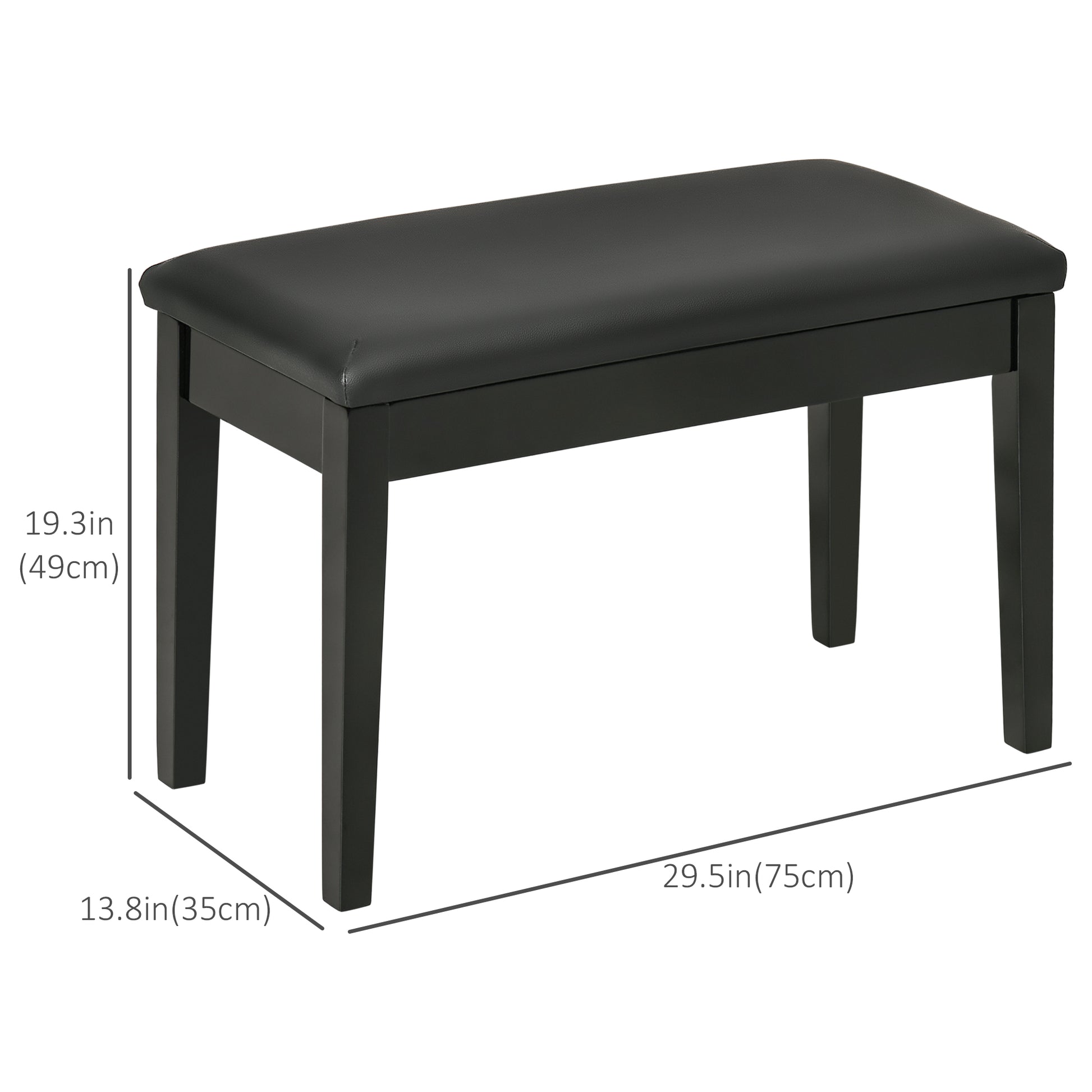 Classic Piano Bench Stool, PU Leather Padded Keyboard Seat with Rubber Wood Legs and Music Storage Compartment, Smooth Seat, Black