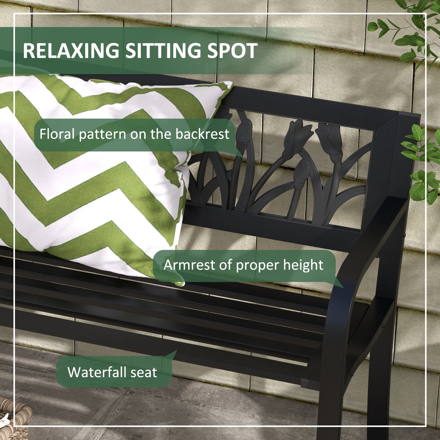 49" Metal Outdoor Bench Patio Bench with Curved Arms and Slatted Seat for Patio, Backyard, Lawn