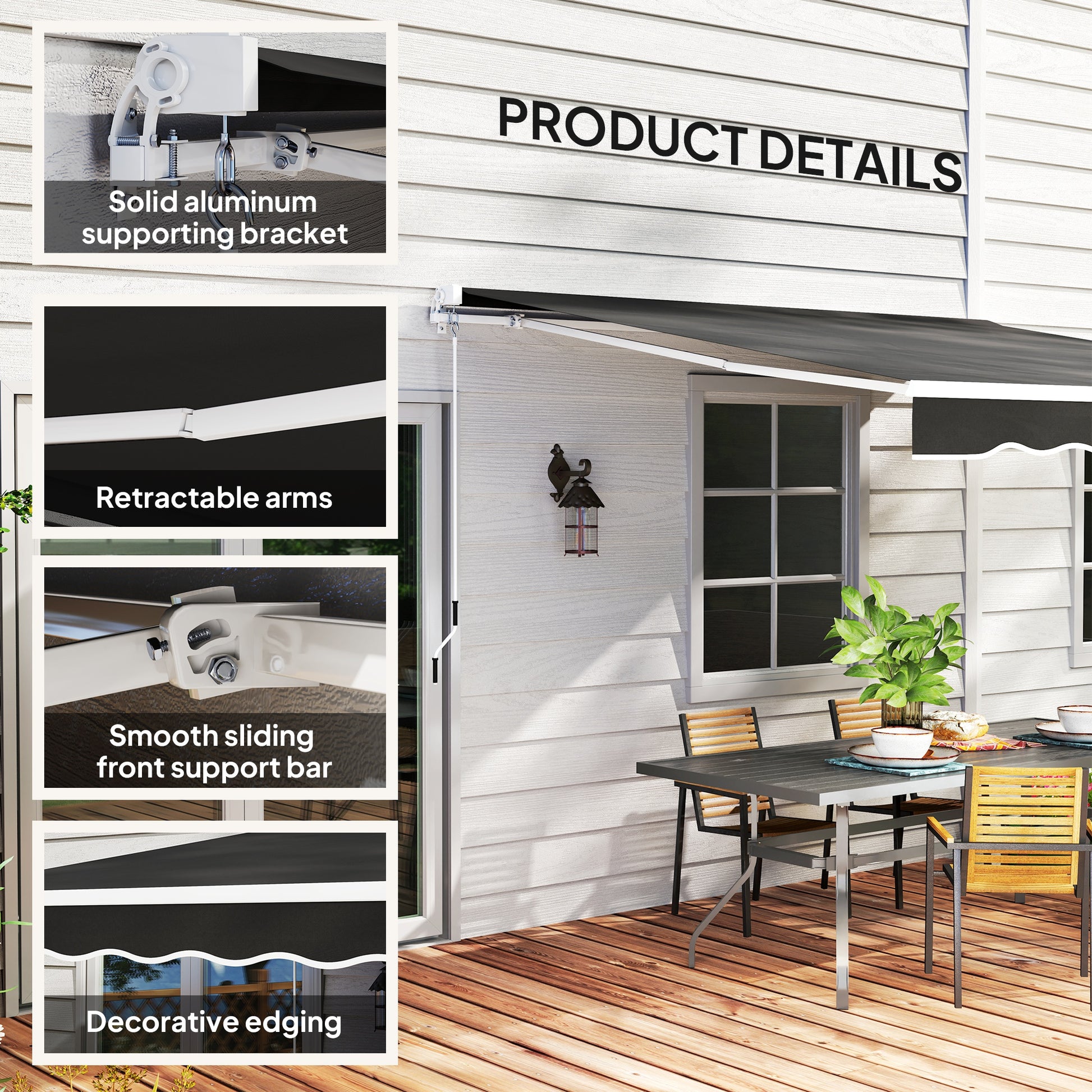 8' x 7' Retractable Awning, Patio Awnings, Sunshade Shelter with 280 g/m² UV & Water-Resistant Fabric, Black