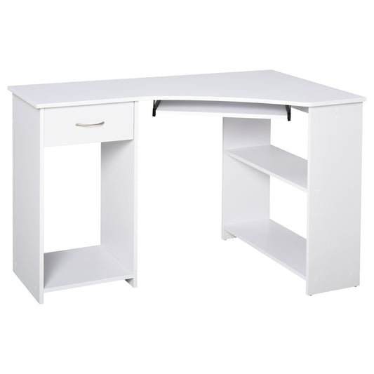 47" L-Shaped Desk with Keyboard Tray, Computer Corner Desk for Small Space with Shelves, Drawer, CPU Stand, Home Office Writing Table, White