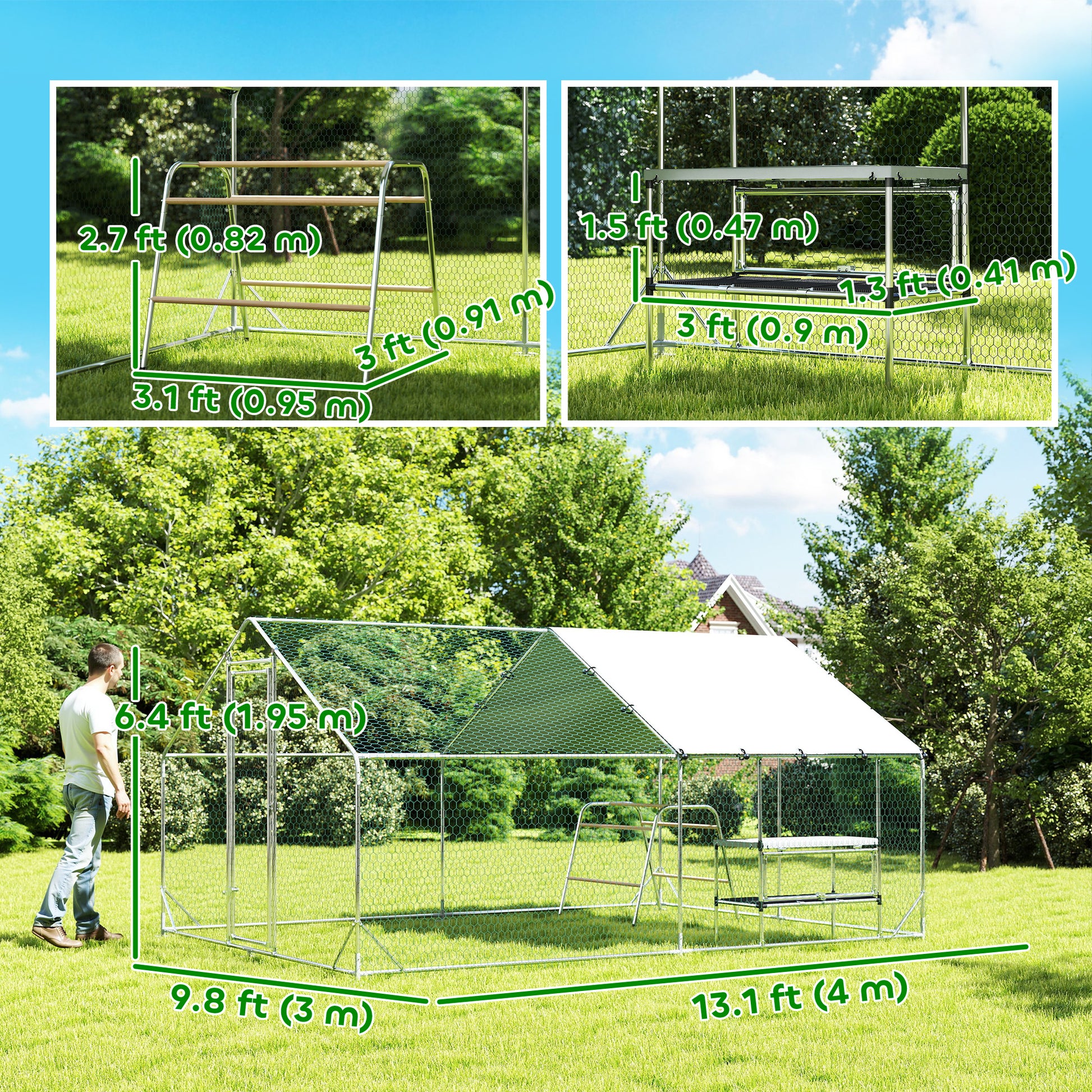 Metal Chicken Coop Run w/ Waterproof Cover, Nesting Box, Roosting Bars, for Outdoor Backyard, 9.8 x 13.1 x 6.4 ft