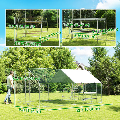Metal Chicken Coop Run w/ Waterproof Cover, Nesting Box, Roosting Bars, for Outdoor Backyard, 9.8 x 13.1 x 6.4 ft