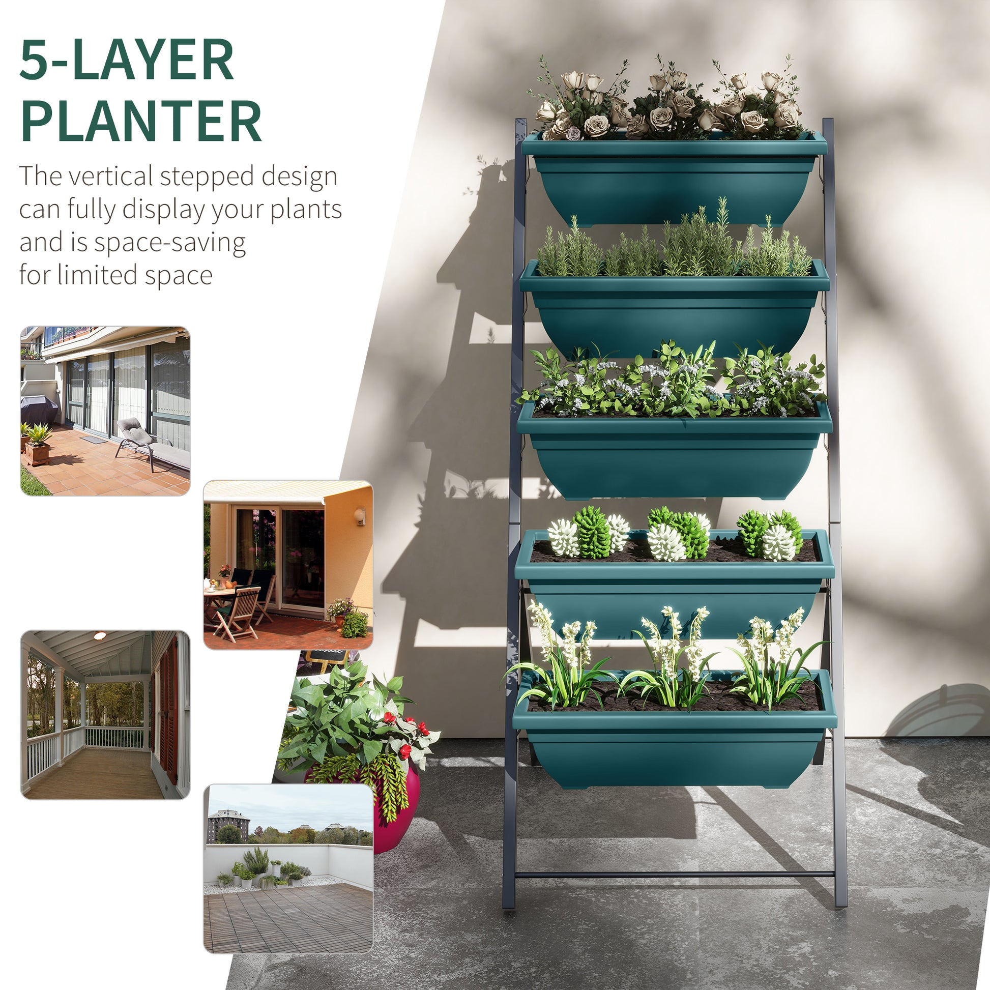 5-Tier Raised Garden Bed with 5 Planter Box, Outdoor Plant Stand Grow Containers with Leaking Holes, Green
