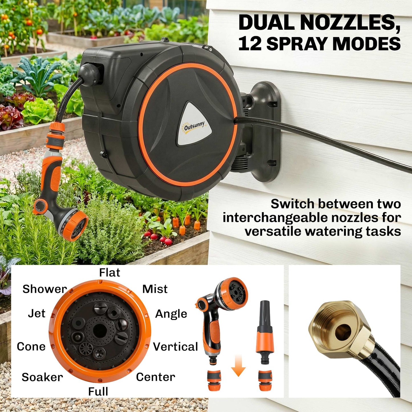 Retractable Garden Hose Reel, 1/2"x75.5ft Wall Mounted Hose Reel with 12-Pattern Nozzles, Auto Retraction, Self-Locking