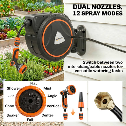 Retractable Garden Hose Reel, 1/2"x75.5ft Wall Mounted Hose Reel with 12-Pattern Nozzles, Auto Retraction, Self-Locking