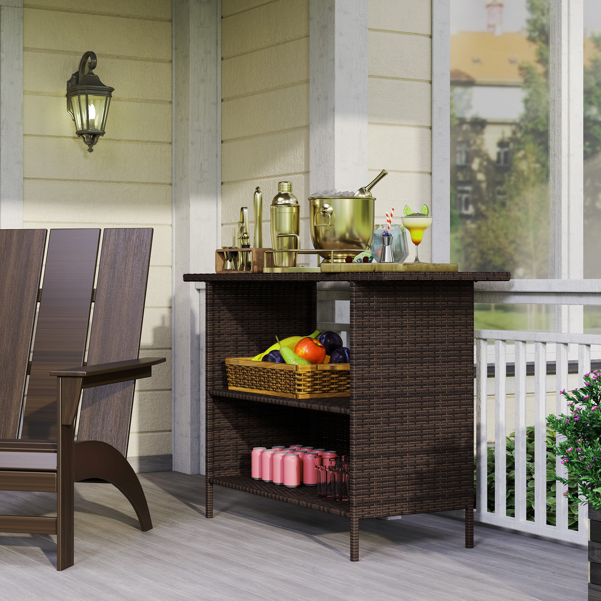 Wicker Outdoor Bar Table, PE Rattan Bar Height Patio Table with 2 Shelves, Steel Frame for Garden, Backyard, Dark Brown