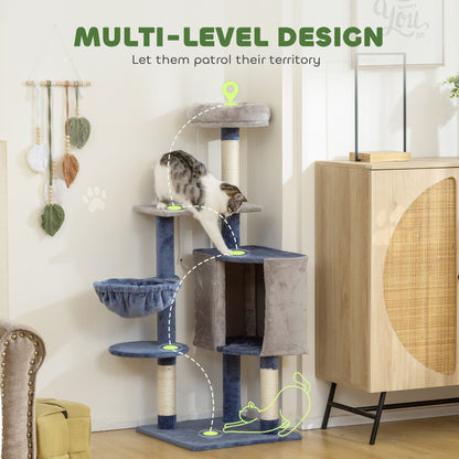 48" Modern Cat Tree with Condo, Hammock, Perch, Sisal Scratching Posts, Toy Ball, for Indoor Cats, Blue and Grey