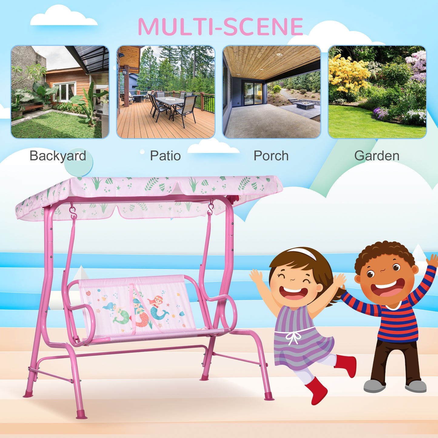 2-Seat Kids Porch Swing Chair, Children Outdoor Patio Furniture Lounge Chair for Garden, with Adjustable Canopy, Seat Belt, Mermaid Pattern, for 3-6 Years Old, Pink