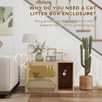 Cat Litter Box Enclosure, Cat Washroom End Side Table with Rattan Door, Scratching Pad, Non-slip Foot Pads, Oak