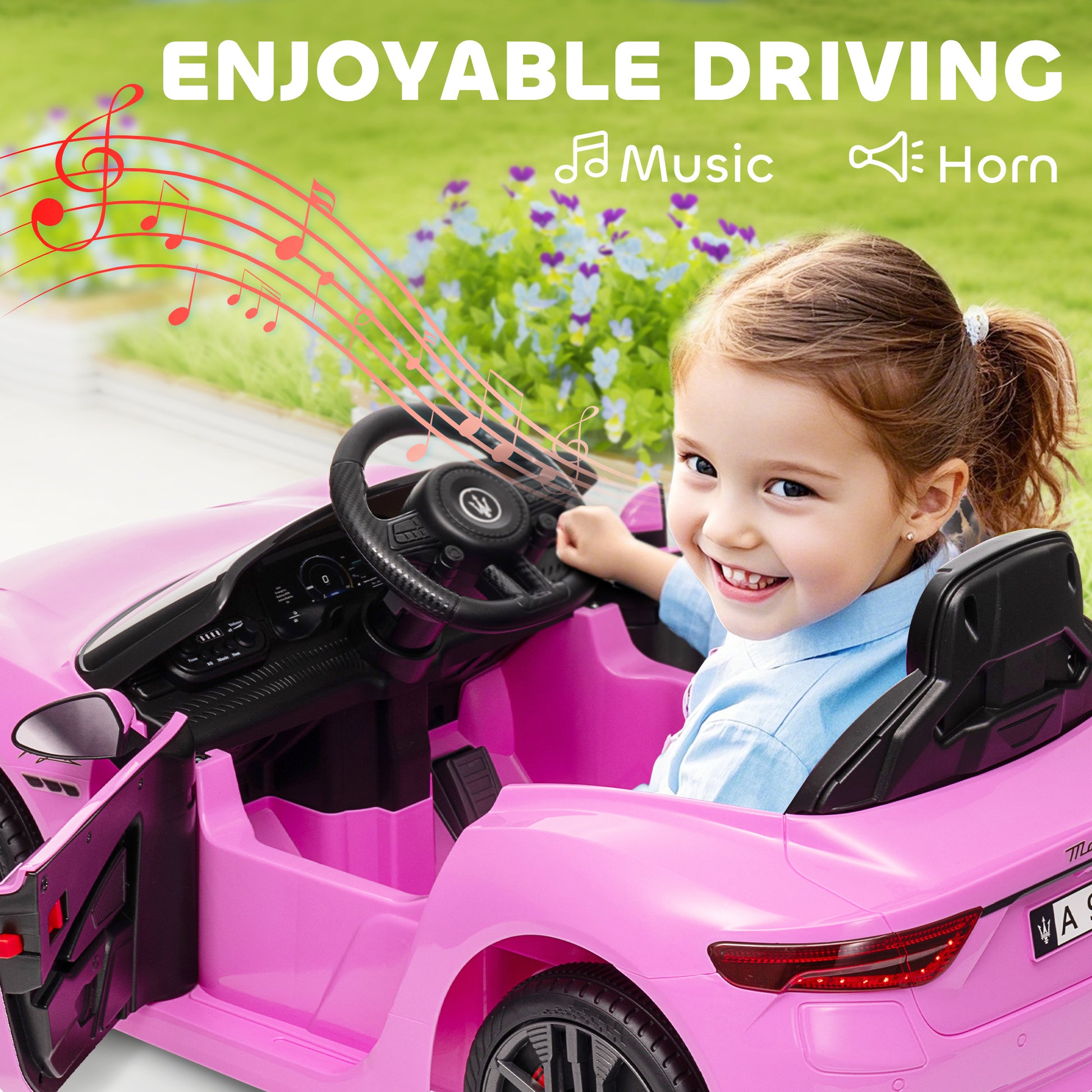 Qaba 12V Maserati Gran Turismo Licensed Kids Electric Car w/ Remote Control, Soft Start, LED Lights, Music, Horn, MP3, Pink