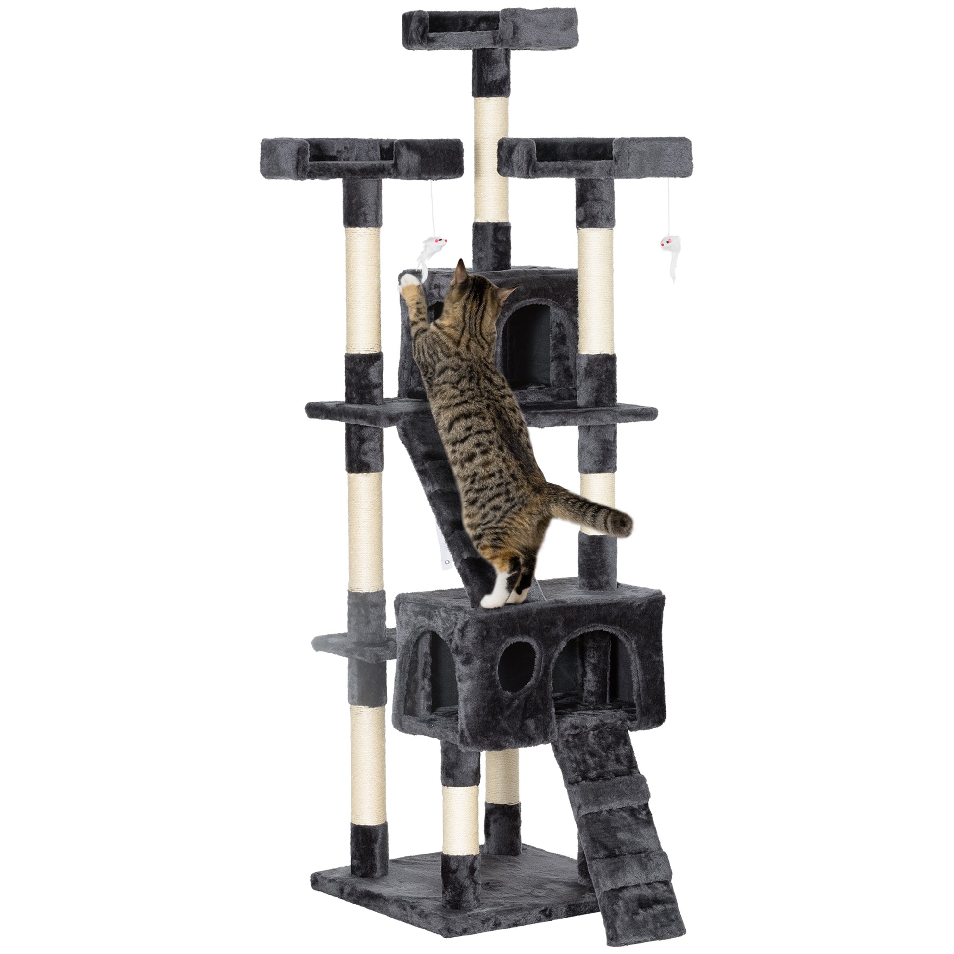 68" Multi-Level Cat Scratching Tree with 3 Perches & 2 Condos, 4 Tier Kitty Activity Center with Ladders & Dangling Toys, Grey