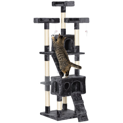 68" Multi-Level Cat Scratching Tree with 3 Perches & 2 Condos, 4 Tier Kitty Activity Center with Ladders & Dangling Toys, Grey