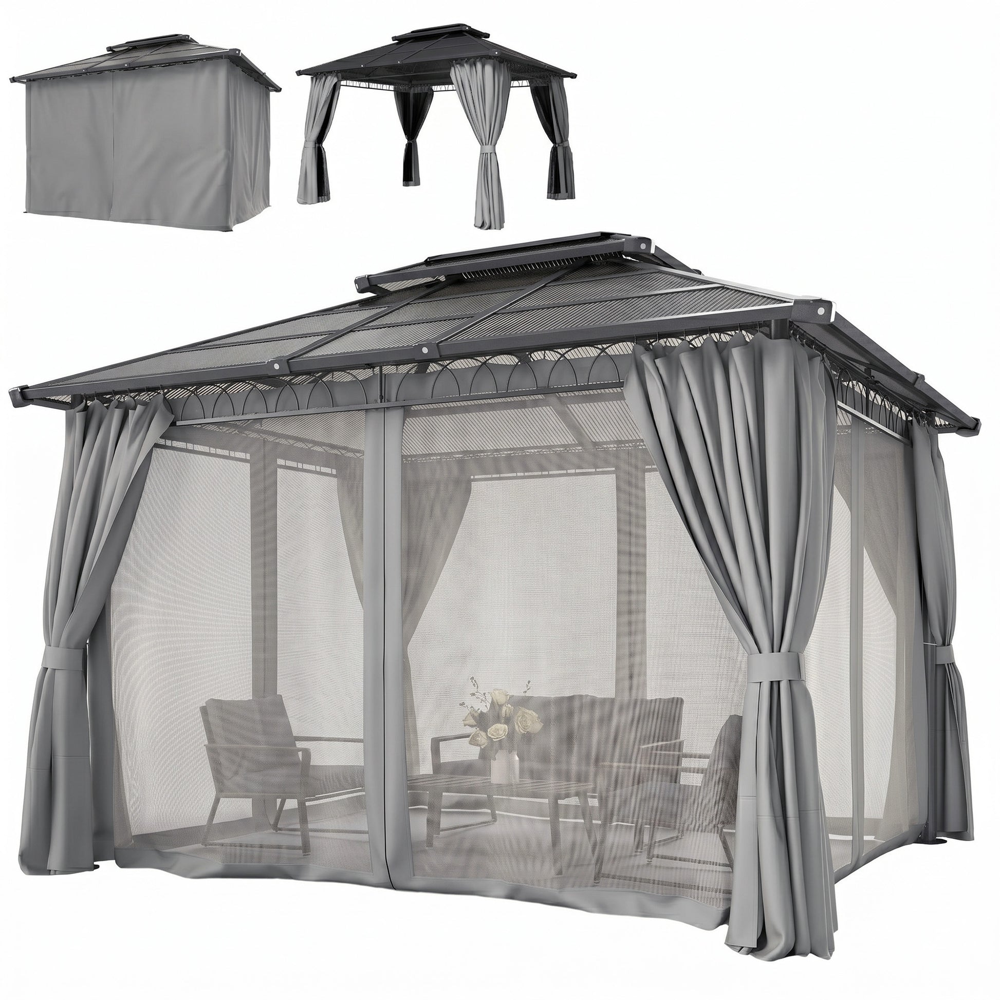 10' x 12' Outdoor Hardtop Gazebo Canopy w/ Double PC Roof, Steel Frame, Nettings, Curtains for Garden Lawn Deck, Grey