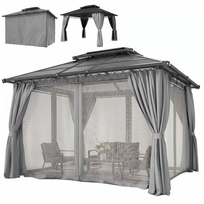 10' x 12' Outdoor Hardtop Gazebo Canopy w/ Double PC Roof, Steel Frame, Nettings, Curtains for Garden Lawn Deck, Grey