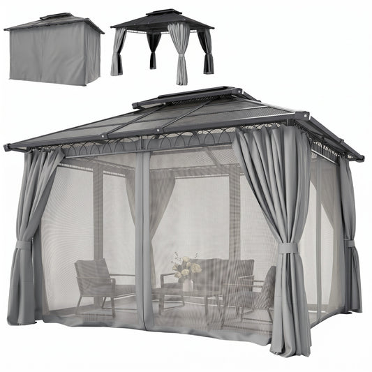 10' x 12' Outdoor Hardtop Gazebo Canopy w/ Double PC Roof, Steel Frame, Nettings, Curtains for Garden Lawn Deck, Grey