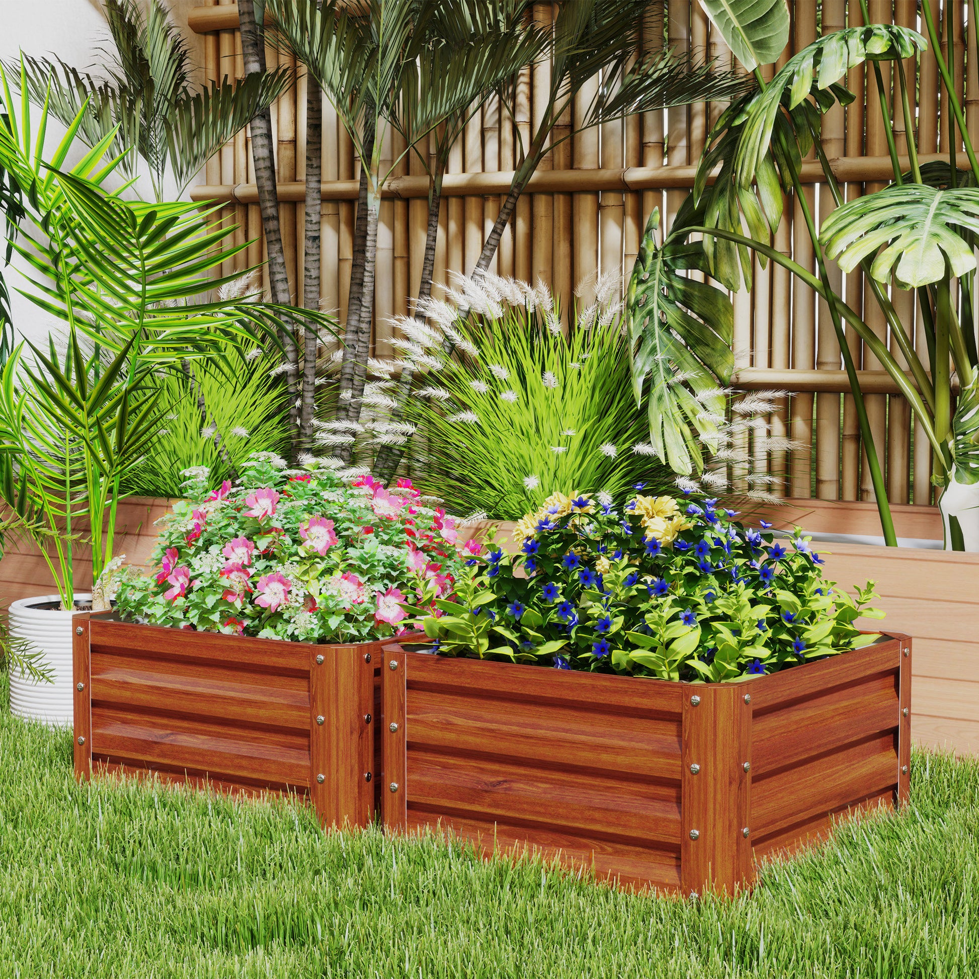 2' x 2' x 1' 2-Pieces Raised Garden Bed w/ Galvanised Steel Frame for Vegetables Flowers Herbs, Dark Brown Wood Effect