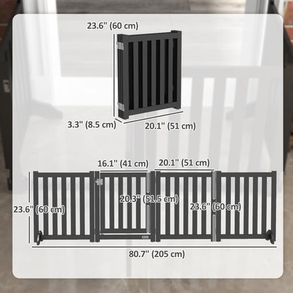 Foldable Dog Gate with Door, 4 Panels Fressstanding Pet Gate, Black