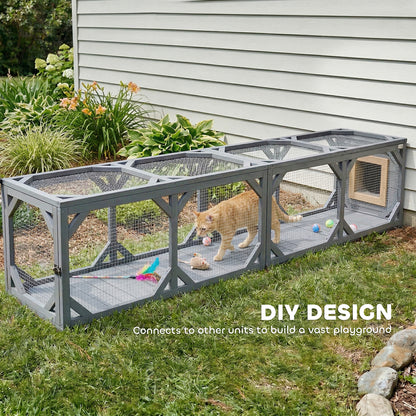 Cat Tunnel, Wooden Catio Outdoor Cat Enclosure with 2 Doors and Extendable Design, Wall-Mounted Pet Run