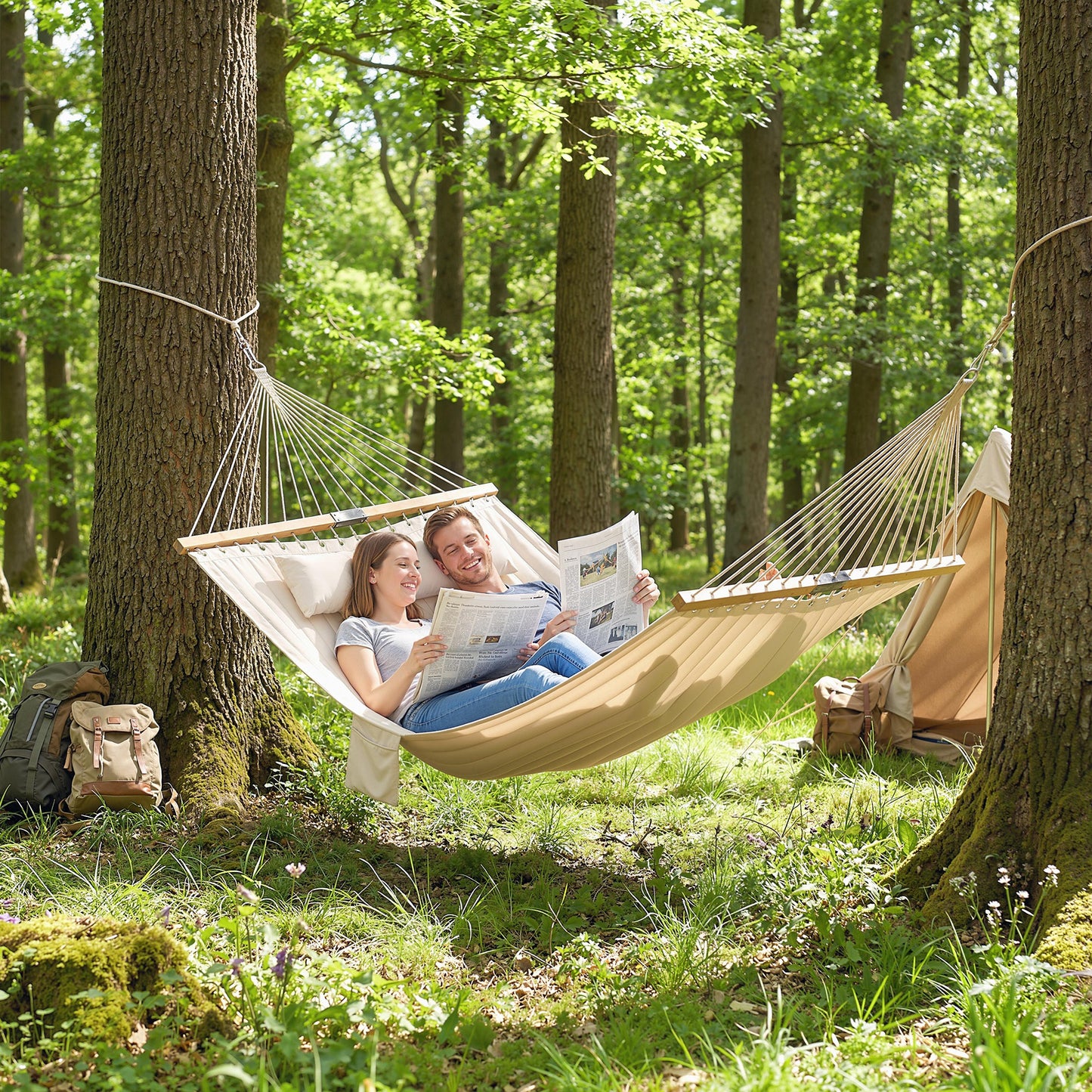Outdoor Hammock Padded Camping Hammock with Pillow & Spreader Bars 200 x 140 cm Cream White