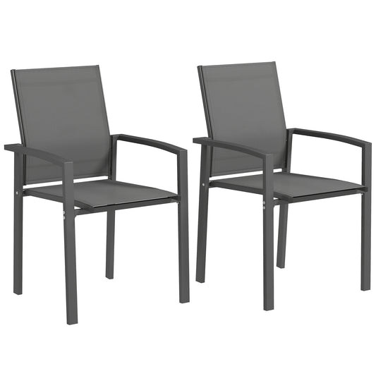 Set of 2 Outdoor Stackable Garden Dining Chairs, Patio Chairs with Breathable Fabric Seat, Armrests and Backrest for Patio, Balcony and Backyard, Dark Grey