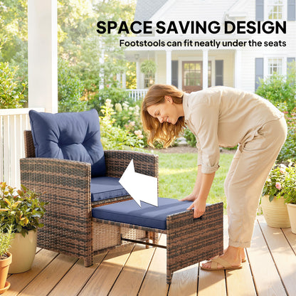 5 Piece Patio Furniture Set, Wicker Patio Chairs with Ottomans, 2-Tier Glass Coffee Table and Cushions, Brown/Dark Blue