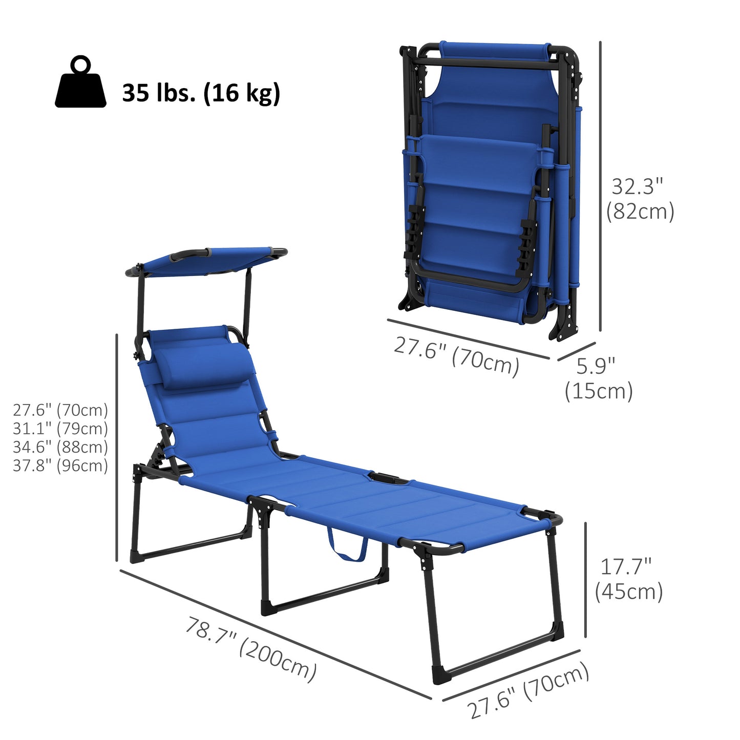 Folding Chaise Lounge with Adjustable Sunroof, Outdoor Quick Dry Padded Tanning Chairs with Headrest, Reclining Back Outdoor Lounge Chair, for Beach, Yard, Patio, Blue