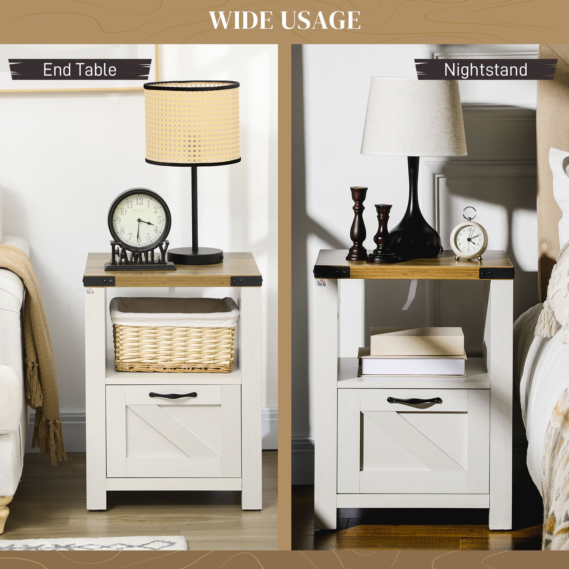 Side Table with Storage, Farmhouse End Table with Drawer, Open Shelf and Barn-style Panel, Nightstand for Living Room, Bedroom, White