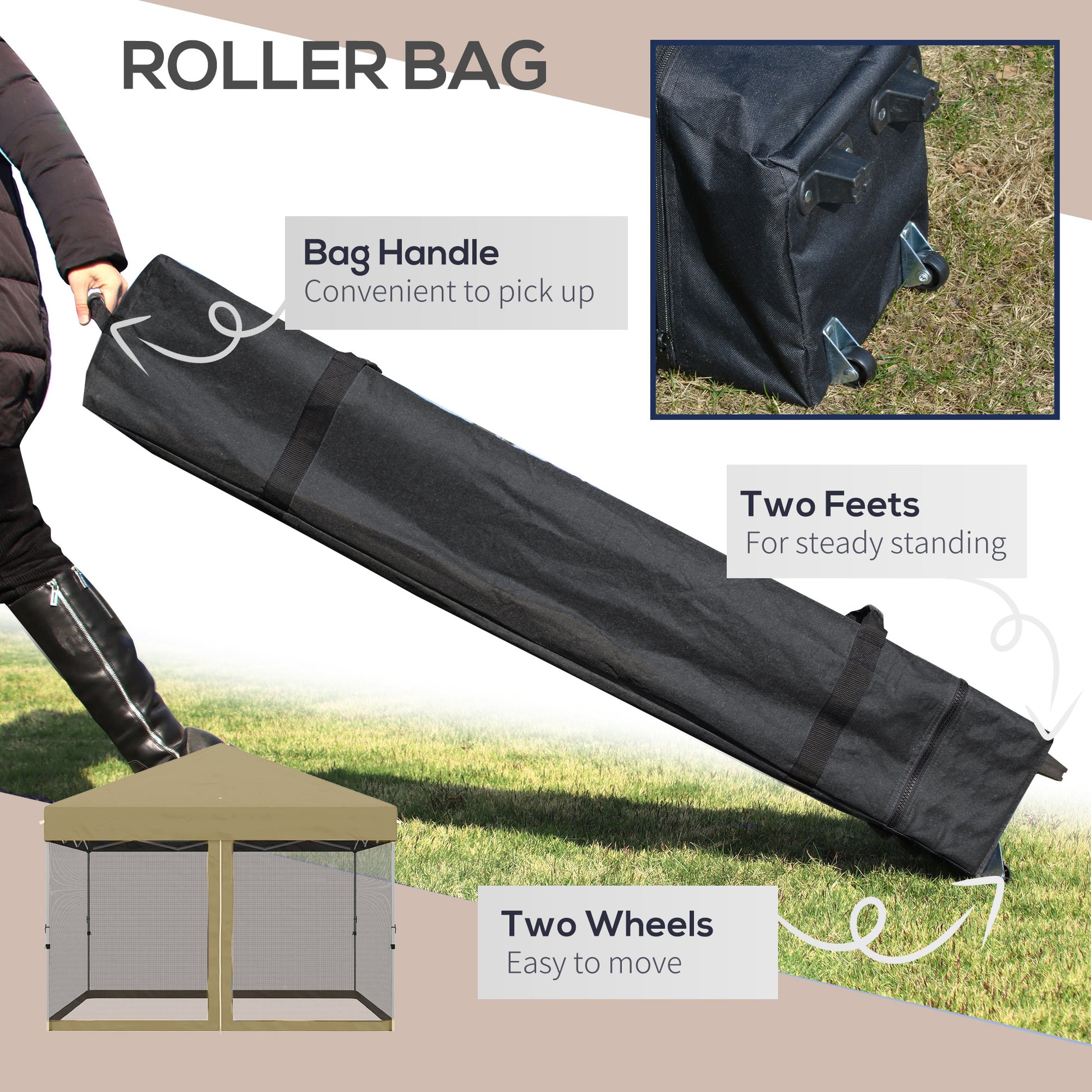 10' x 10' Pop-Up Party Tent UPF50+ Outdoor Canopy Tent with Mesh Sidewalls, 3-Level Adjustable Height, Roller Bag, Khaki