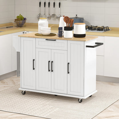 Modern Rolling Kitchen Island Cart with Drawers, Natural Wood Top, Towel Rack, Door Storage Cabinet, White