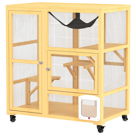 Cat Condo Wooden Indoor Cat House on Wheels with Cat Flap Door Platforms Hammock Openable Top for 2 Cats, Yellow